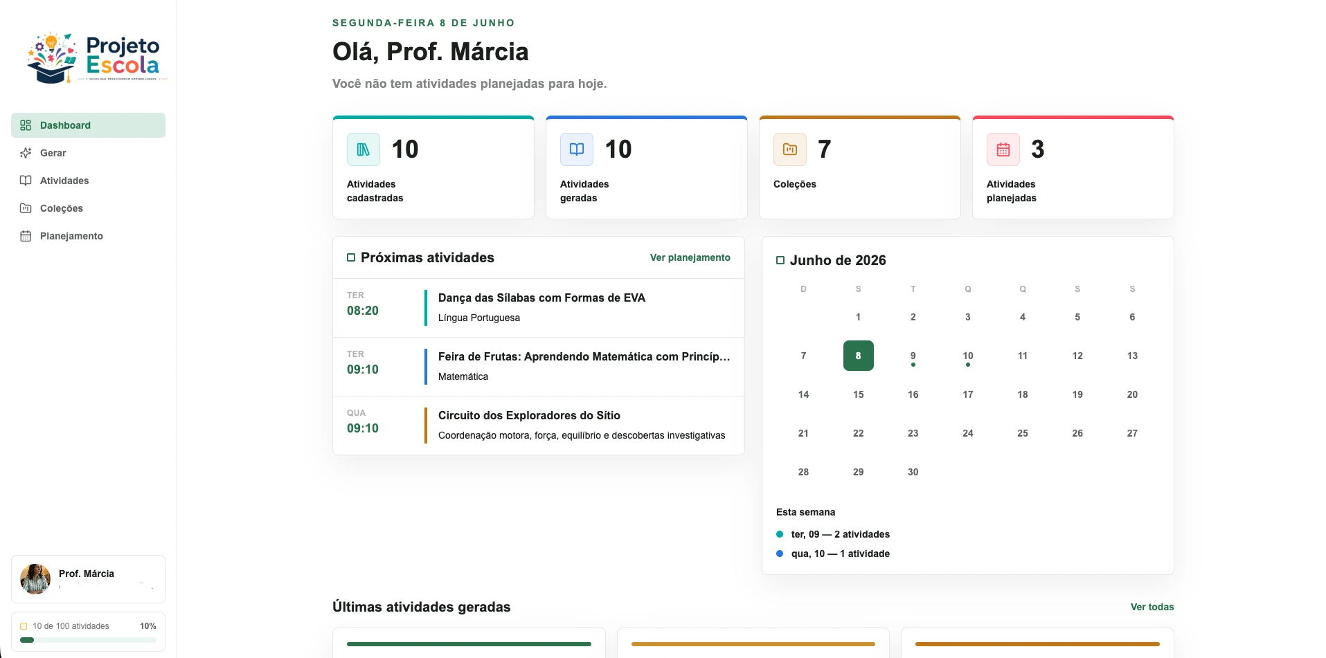 Tela de planejamento semanal